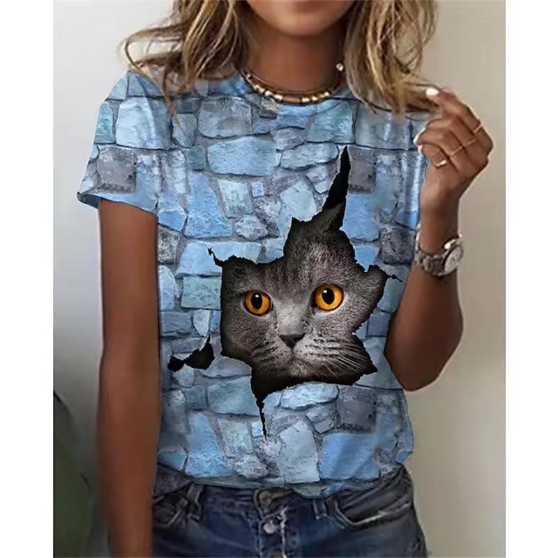 Women's T-shirt 3D Printed Casual Short Sleeved Cute Kitten Pattern Print O-Neck Top Fashionable Street Women's Clothing