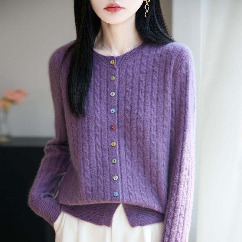 Autumn And Winter New Wool Cardigan Women'S Round Neck Loose Coat Colored Button Knitted Cashmere Sweater Versatile Women'S Top