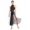 Rhinestone Color Block Mesh Leotard for Women S-XXL: Sleeveless Slit Hem Bodysuit Dress for Lyrical Contemporary Dance Costume