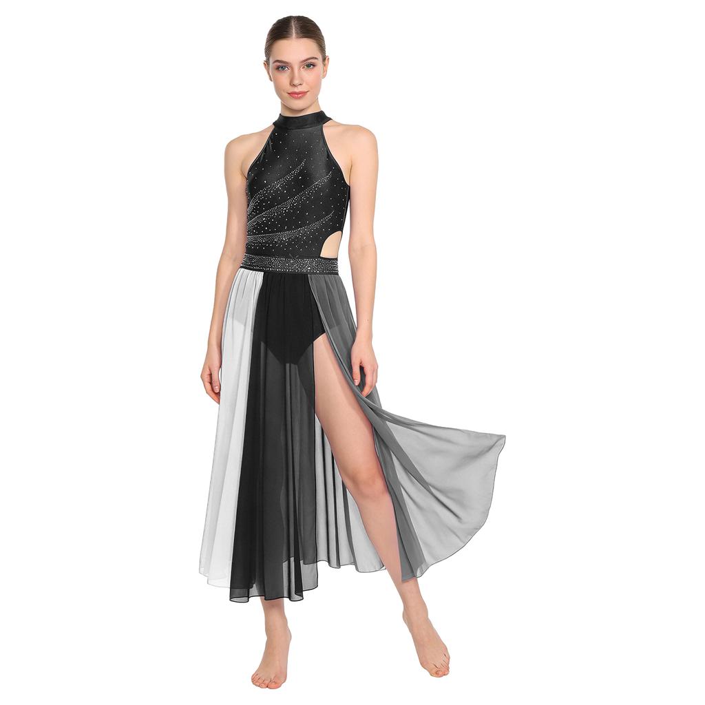 Rhinestone Color Block Mesh Leotard for Women S-XXL: Sleeveless Slit Hem Bodysuit Dress for Lyrical Contemporary Dance Costume