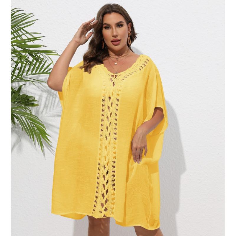 Dámske veľkosti Ručne háčkované kvetinové patchworkové prehozové šaty Voľné plážové zakrytie na bikiny Vrchné oblečenie Size: One Size žltá