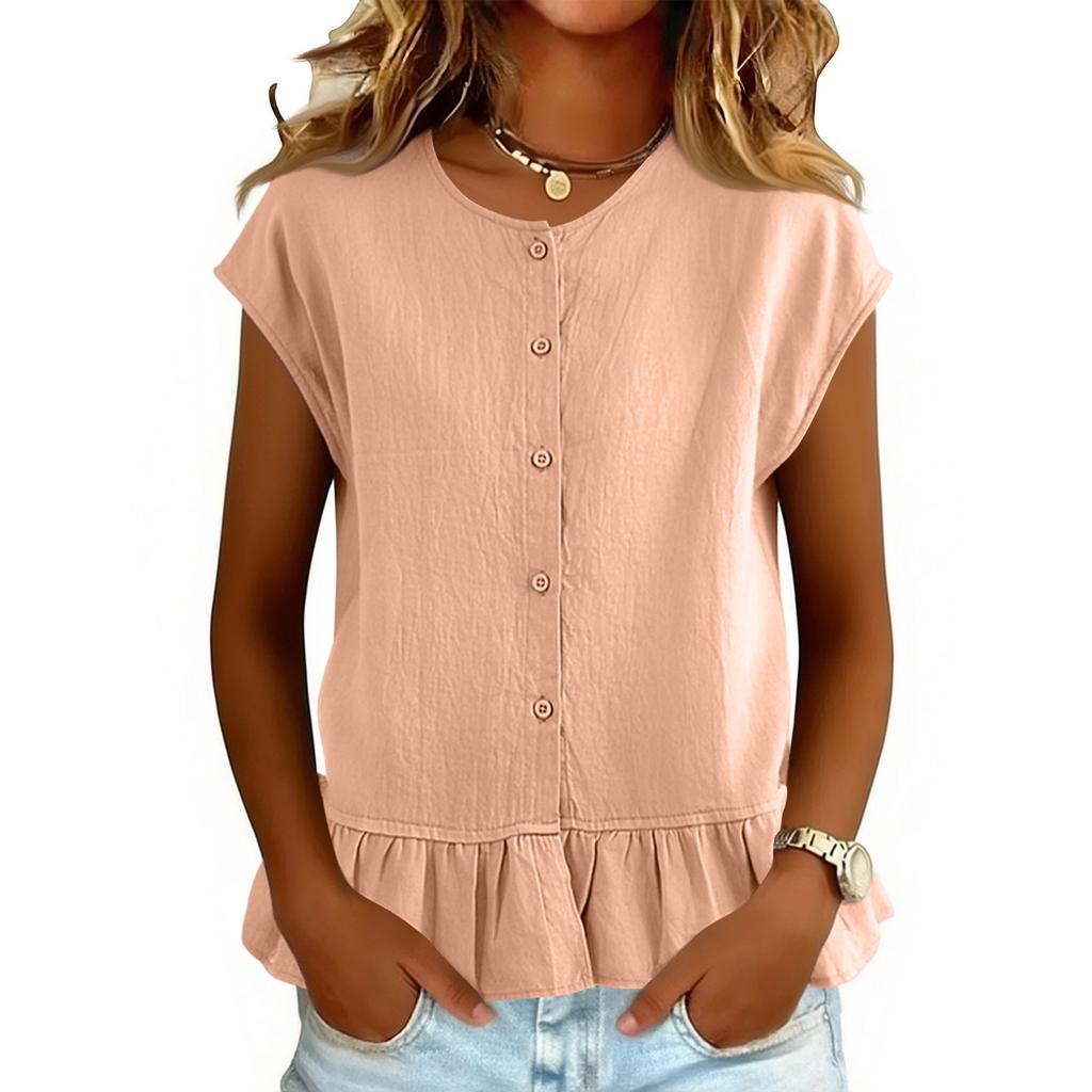 Women Short Sleeve Ruffle Hem Peplum Tops Crewneck Button Down Shirts Casual Fashion Blouse