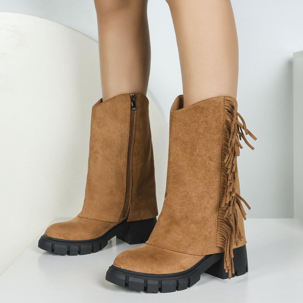 NEW Fringed Tassels Knee High Boots Winter Women Suede Thick Heels Boots Square Toe Shoes for Women Botas Mujer