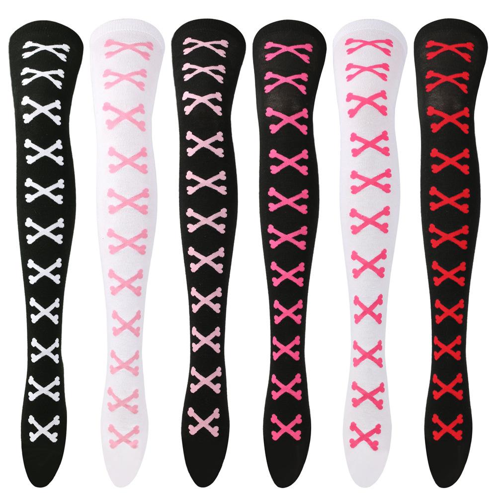 Womens Bone Thigh High Stockings Ladies Halloween Girls Black White Pink Long Over Above Knee Socks Tall Funny Cosplay Harajuku
