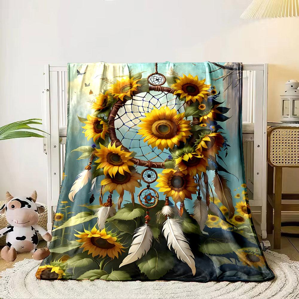 A Sunflower-adorned Dreamcatcher with Feathers and Vibrant Background. for All Seasons Blanket Lunch Break Throw Gift