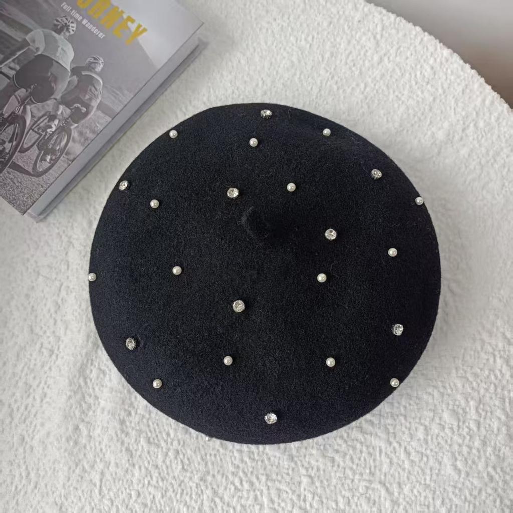 Korean Style Autumn Winter New Round Bead Pearl Decorated Woolen Beret Hat Artist Style Casual Fashion Woolen Bloomer Hat
