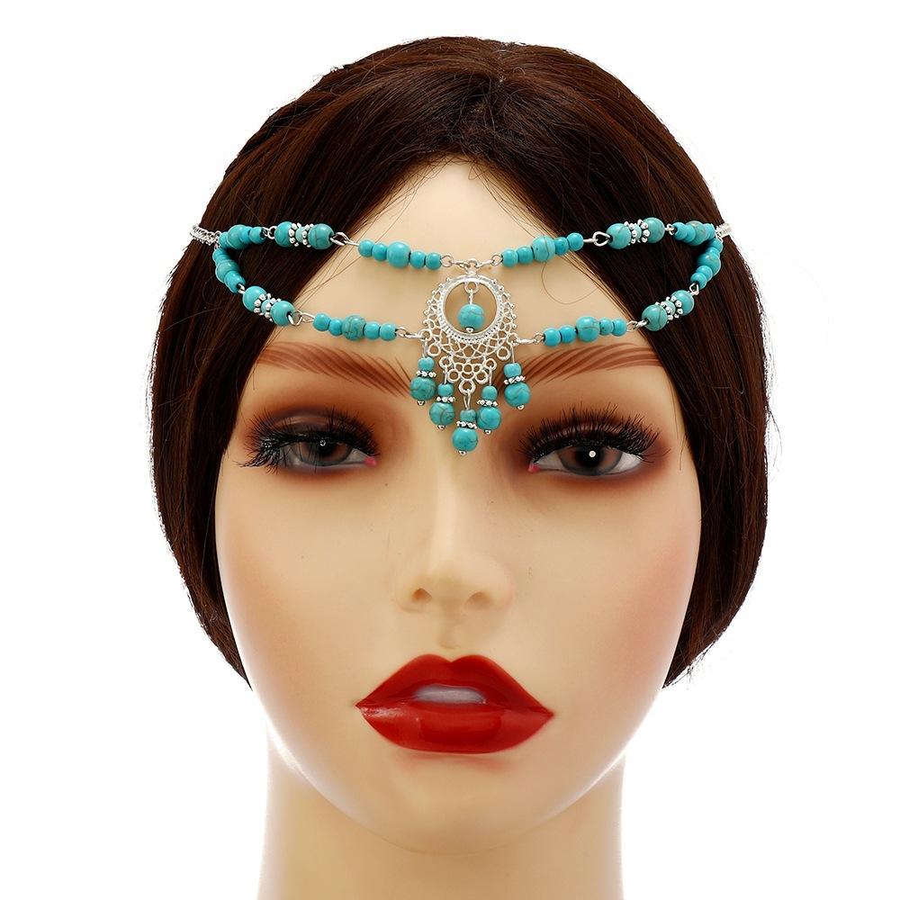 Bohemian Ancient Hanfu Travel Photography Turquoise Red Bead Headband Headgear Accessories, Exotic Hair Chain