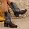 Retro Embroidered Women's Cowboy Boots Chunky High Heels Pointed Toe Winter Boots Woman Brown PU Leather Western Botas De Mujer