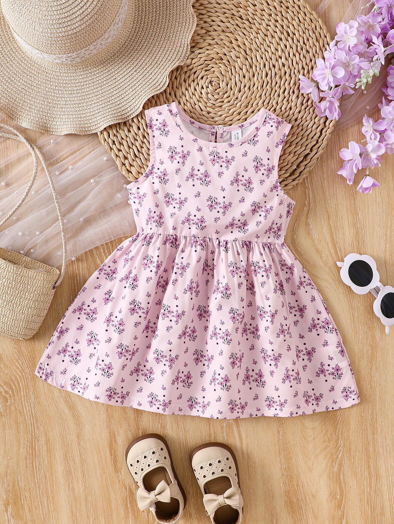 Girls Sleeveless Floral Dress Summer Purple Flower Kids Tank Sundress 80