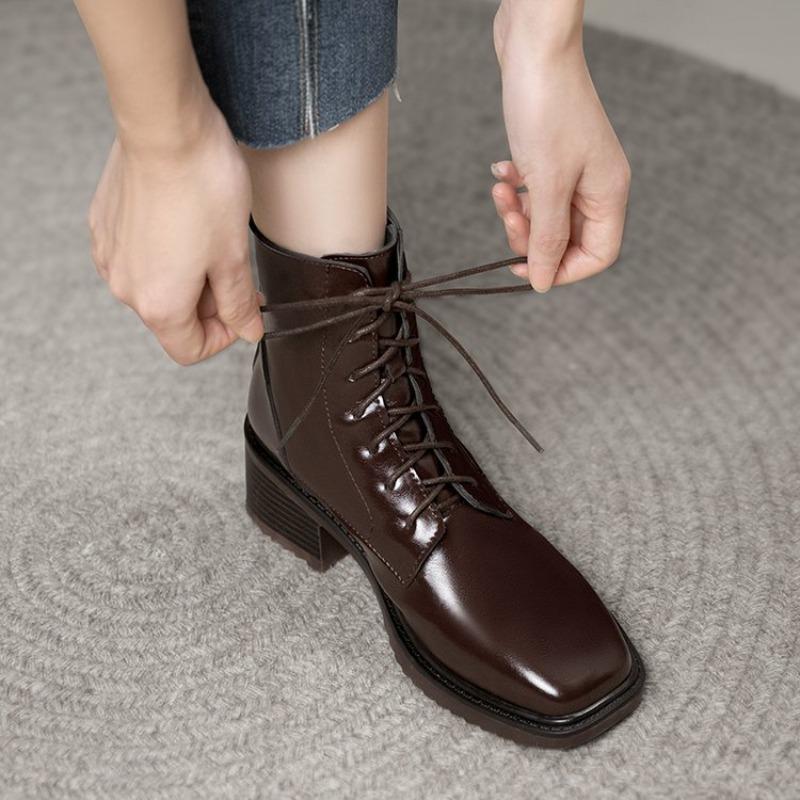 Fashion Stylish Single Boots Autumn New Square Toe Lace-Up Front Rear Zipper Anti-Slip Wear-Resistant Block Heel Short Boots