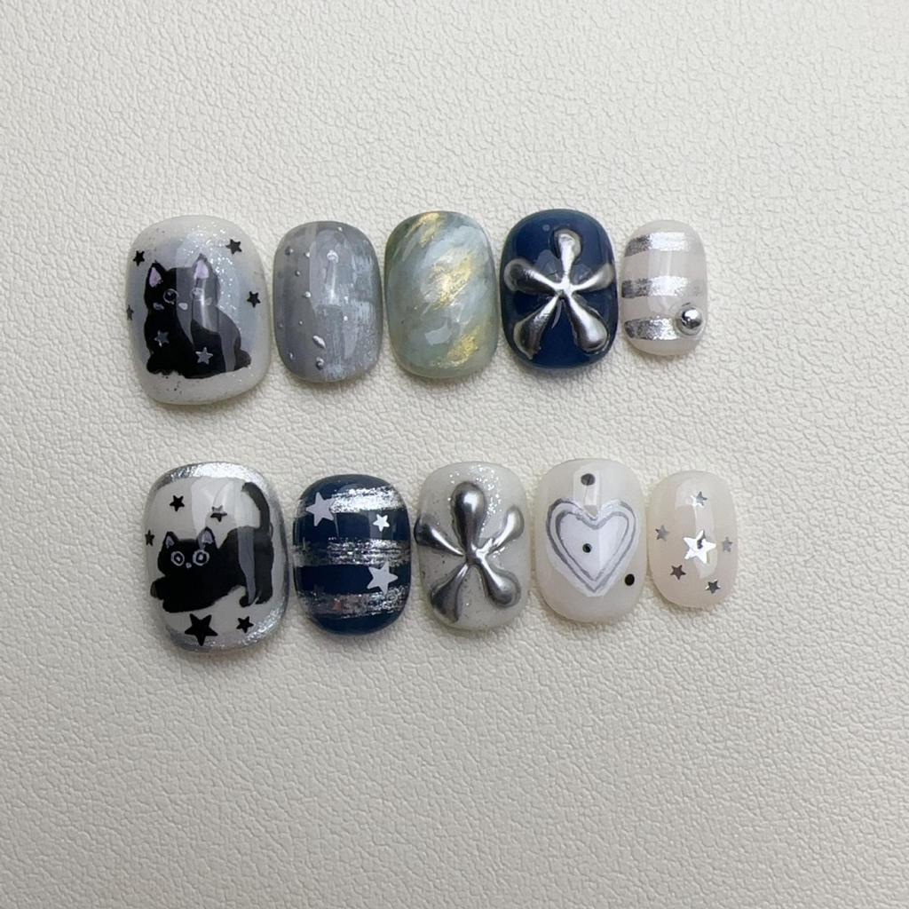 European Starry Sky Black Cat 3D Heart & Stars Short False Nails