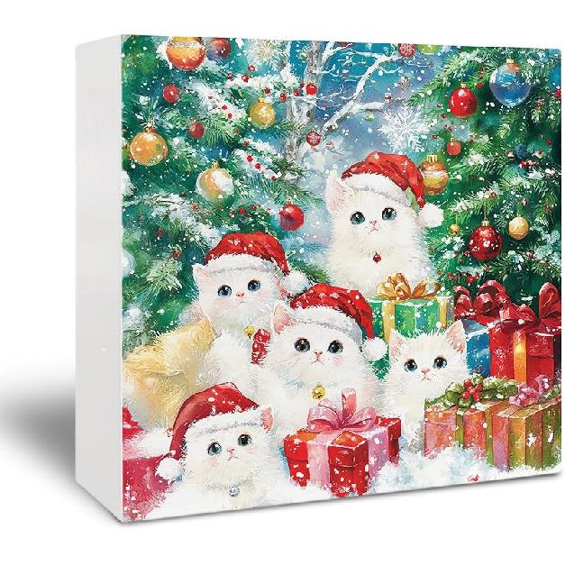 Cat Christmas Wooden Sign - Funny Cat Navidad Xmas Decor, Christmas Pussycat Gifts, Cute Navidad Wooden Box Sign for Home Kitchen Bathroom Table Desk Cat3