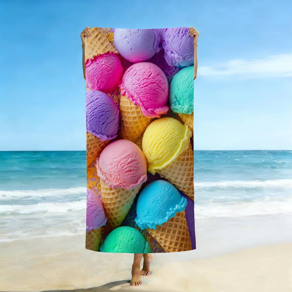 1Pc Ultra-Fine Fiber Beach Towel, Ice Cream Cone Themed Printed Bath Towel, Anti Sand, Quick Drying, Absorbent Swimming Towel,