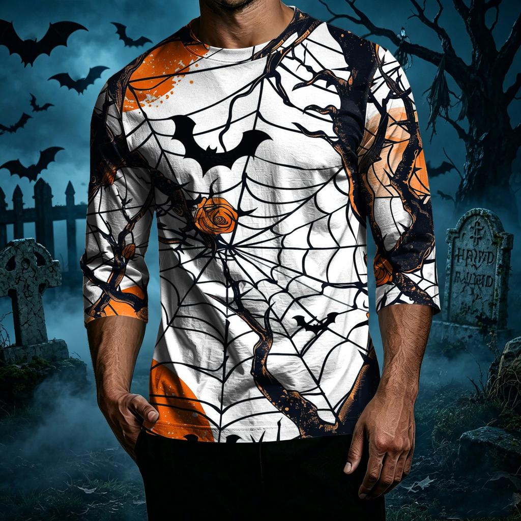 Men's Casual Halloween Print Crew Neck T Shirt Three Quarter Sleeve Top Lightweight Comfortable Fit Stylish Design