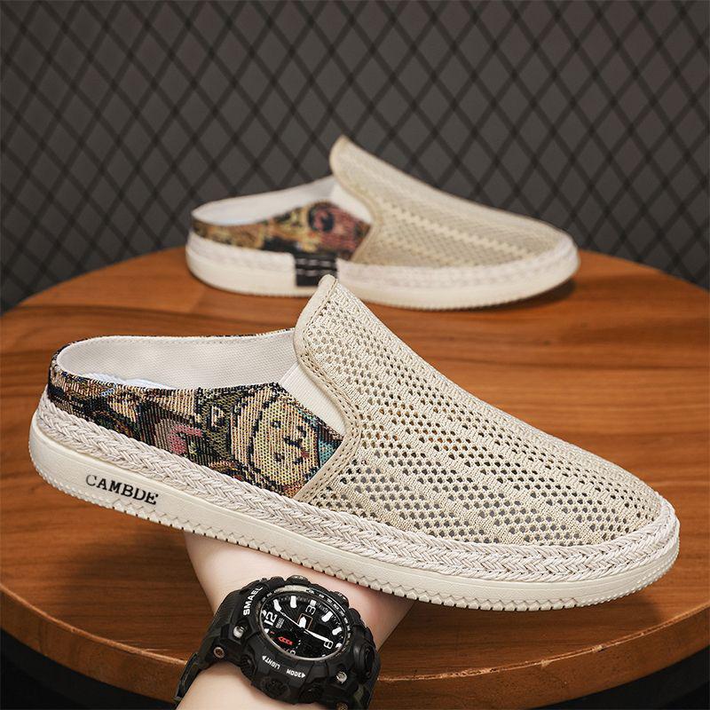 New Half-slippers Men's Summer Outer Wear Mesh Hollowed-out Men's Lazy Pedal Beach Heel-less Cloth Slippers Men