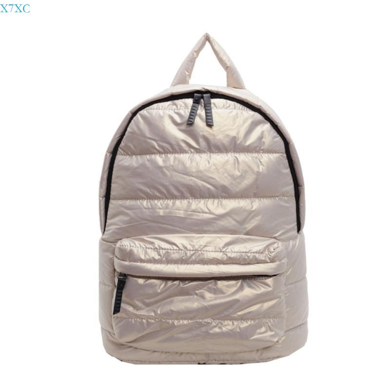 X7XC Trendy Women s Metallic Puffer Backpack Lightweight Zippered Quilted School Bag хаки