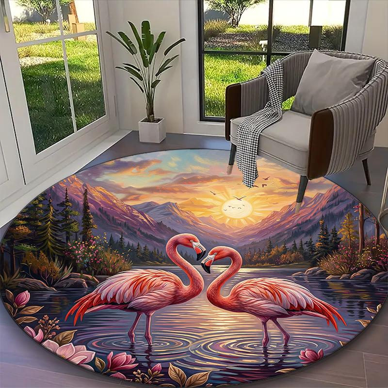 1pc Desert Flamingo Glow Rug, Digital Printed Home Chair Sofa Mat, Durable Office Round Carpet, Beautiful Festival Decorations