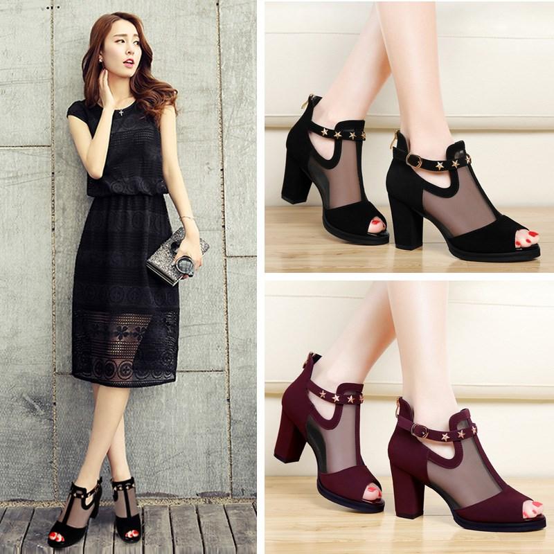 Sandale Damă Primăvară și Toamnă Pantofi Damă Versatili Toc Mediu Gură de Pește Plasă Vară Toc Gros Toc Înalt