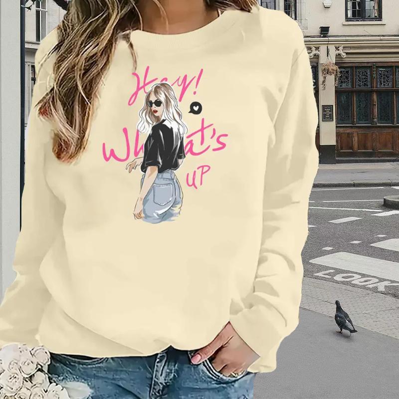 

Топы для женщин, мультяшная девушка, слоган, принт, круглый вырез, длинный рукав, футболка, осенний повседневный тонкий пуловер, женский топ с длинным рукавом
