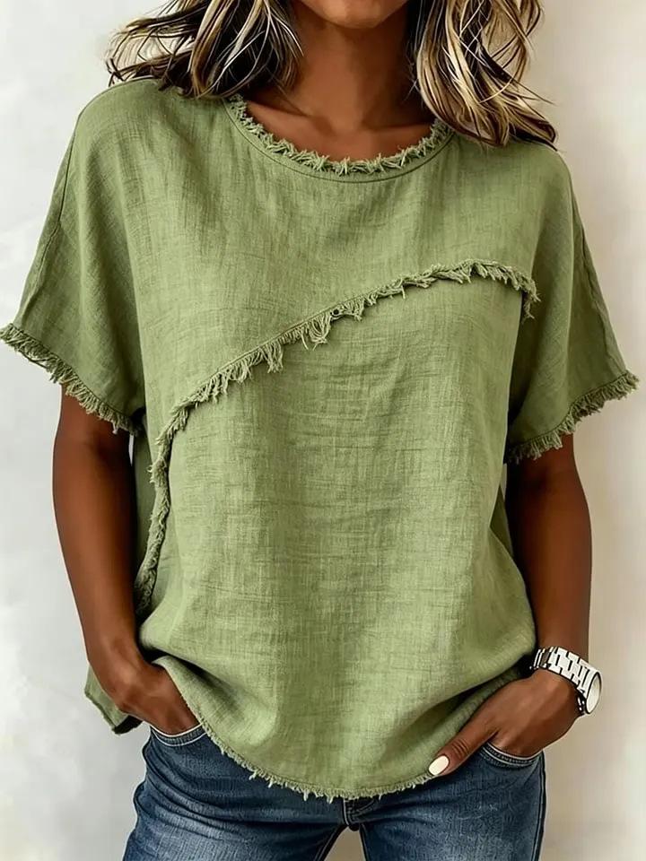 Women Loose Fit Short Sleeve Round Neck T-shirt with Distressed Raw Edge Seam Multi Colors