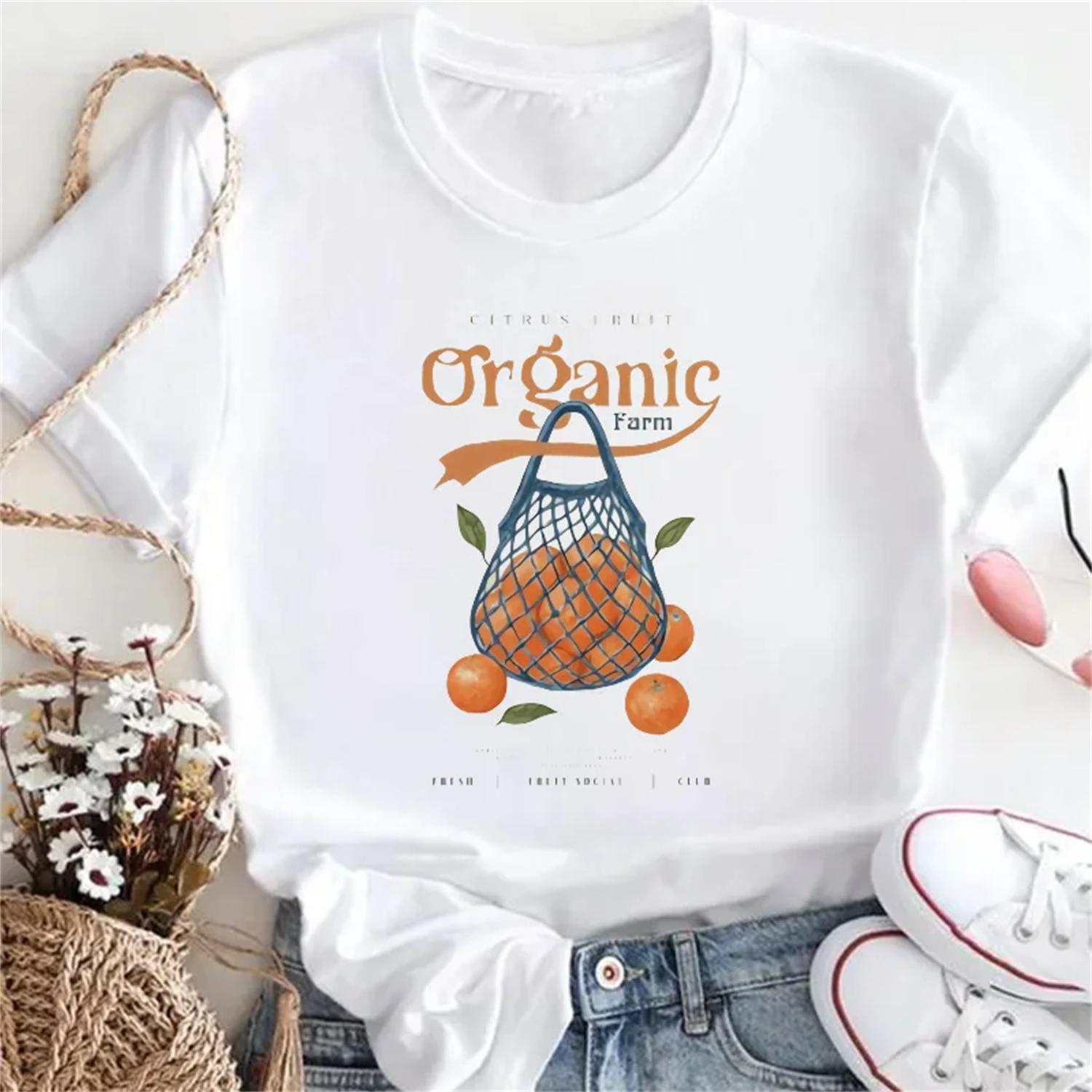 

Beach Fashion Orange Print Fruit Pattern Casual Style Print Basic Style Regular Cartoon Summer Round Neck Style Travel Top T-Shi XXXXXL білий