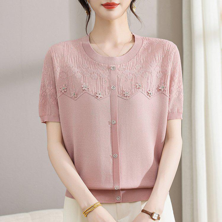 

Elegant Lace Trim Plus Size Women s T-shirt for Middle-Aged & Elderly - Comfortable, Fashionable, Short-Sleeved Top XL (Recommended 90-115 lbs) рожевий