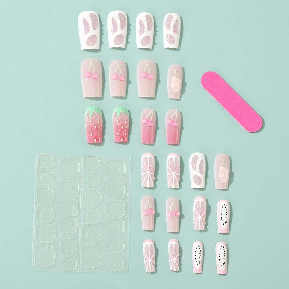 24 Pièces Longues Ongles Press-On Forme Coffin Rose Doux Fraise Cerise Motif Fruité Été Dopamine Ongles Faux Portables