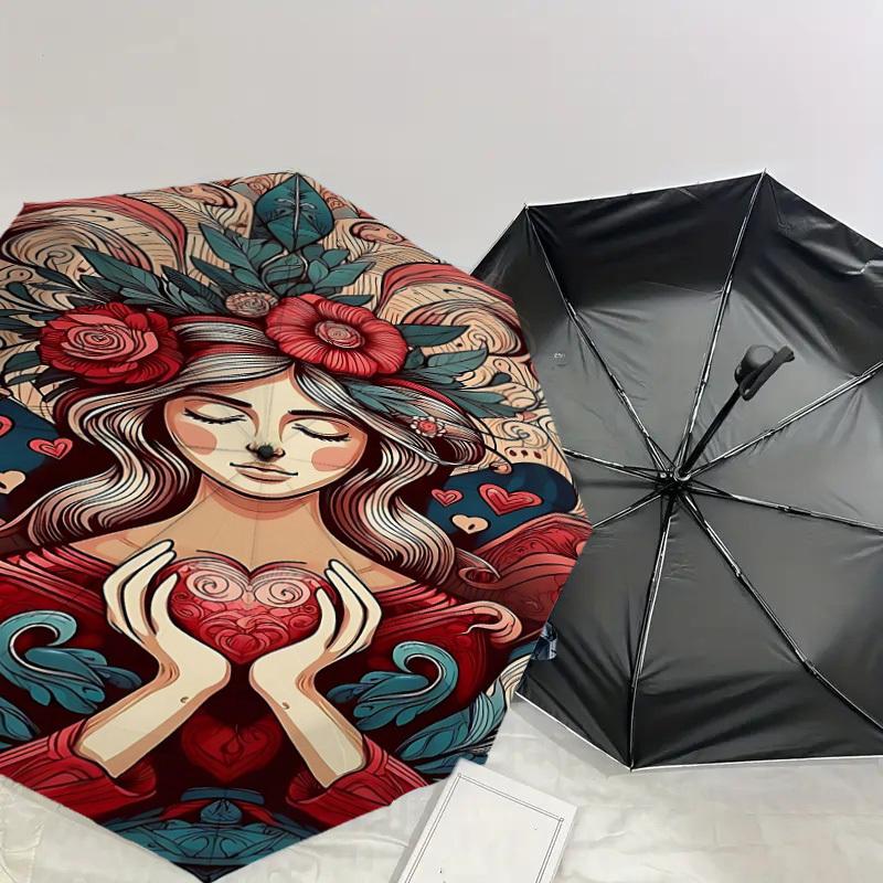 1pc Heart Love Automatic Open/Close Umbrella Compact Folding Umbrella with 8-Rib Shaft for Women/Men, Elegant Birthday1227S