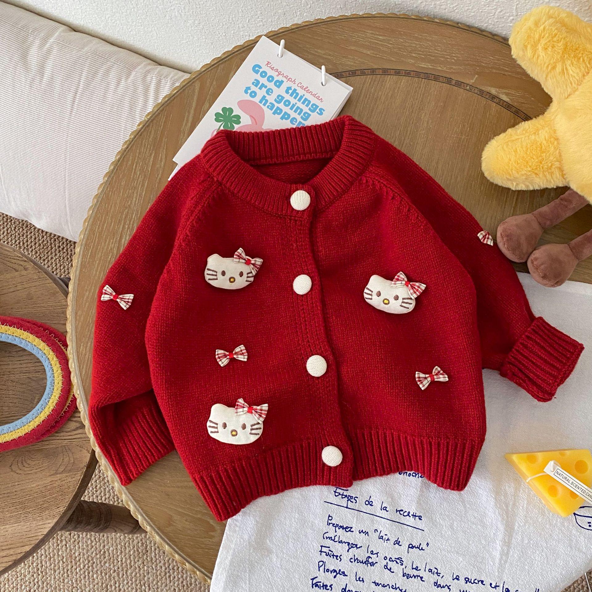 

Девочки Осенний Вязаный Кардиган с Длинным Рукавом и Милым Мультяшным Котиком 73 cm красный