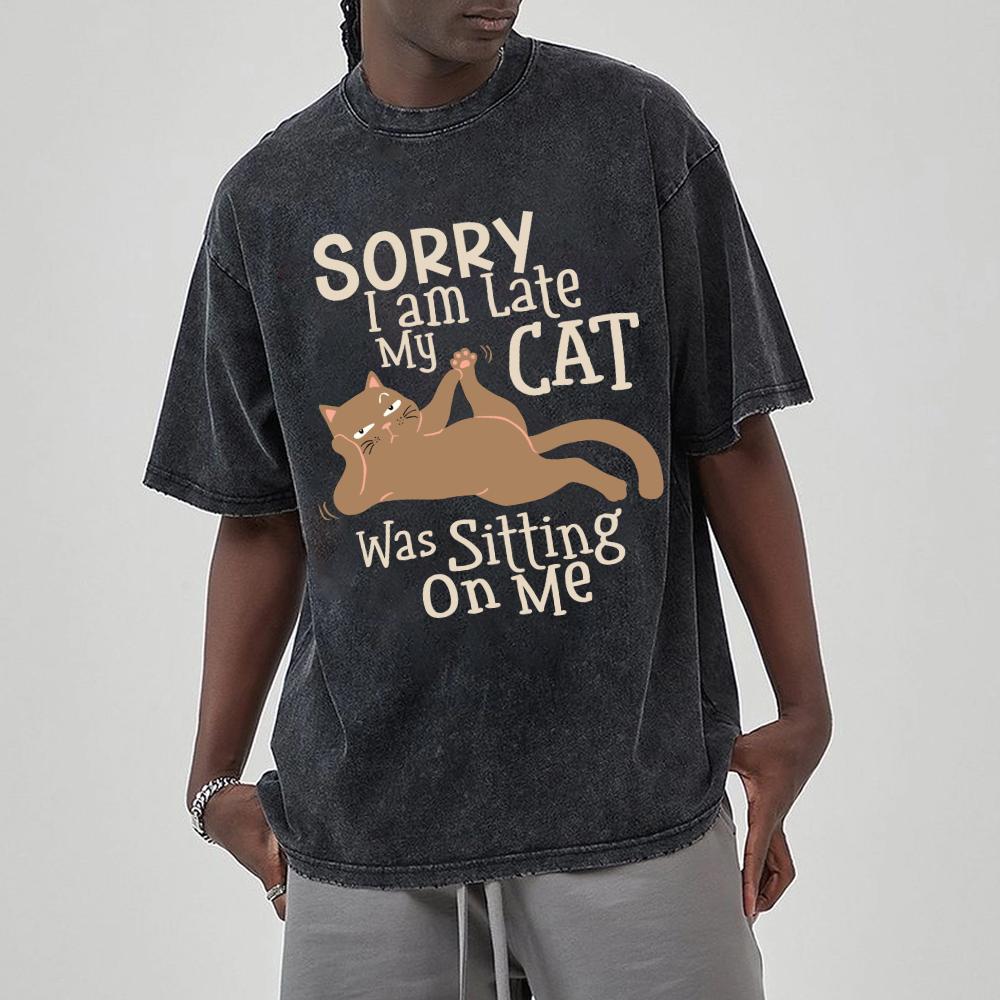 Liebling Schwarze Katze Print Damen Washed T-Shirt Übergroß Rundhals Stretch Kurzarm Unisex Freizeit Oberteil