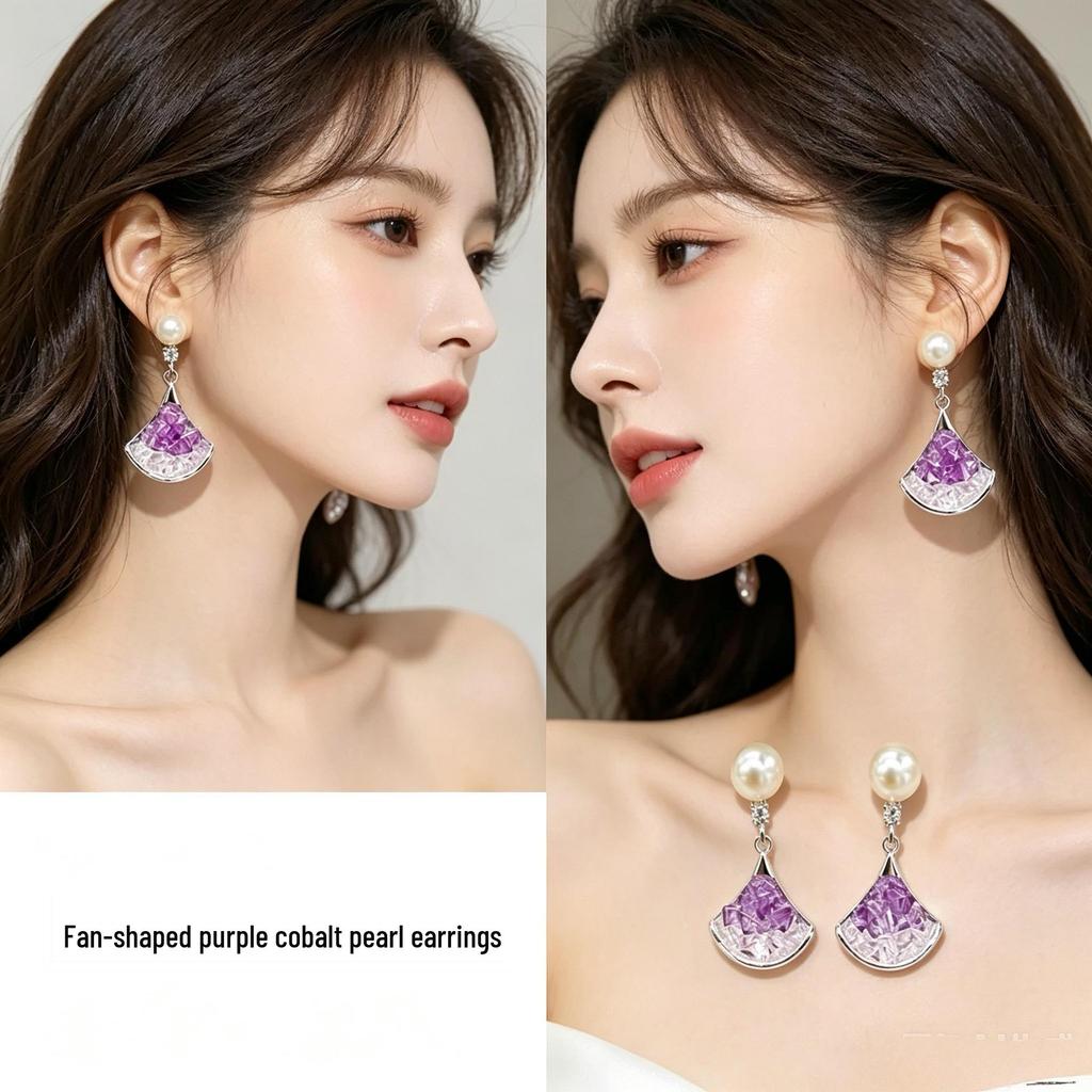 Sterling Silver Fan-shaped Crystal Pearl Earrings - Multi-color, Elegant Design, Versatile Women's Accessory