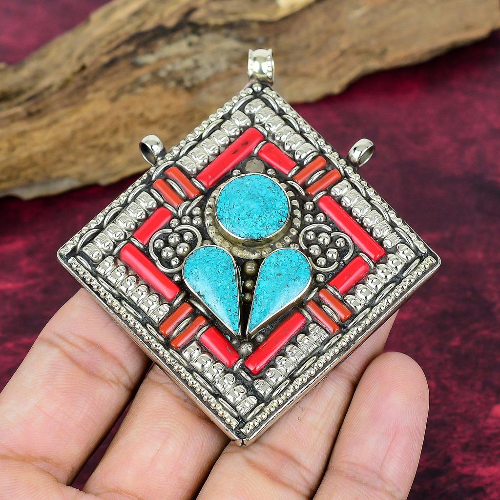 Blue Turquoise & Coral Pendant, 925 Solid Sterling Silver Gemstone Jewelry, Handmade Nepali Pendant, For Thanksgiving