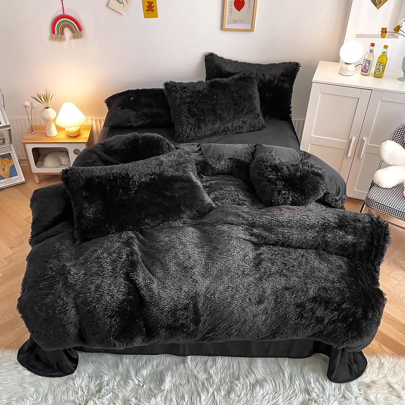 3Pcs Fluffy Black Plush Shaggy Duvet Cover +2Pcs Pillowcases Zipper Bedding set Soft Velvet