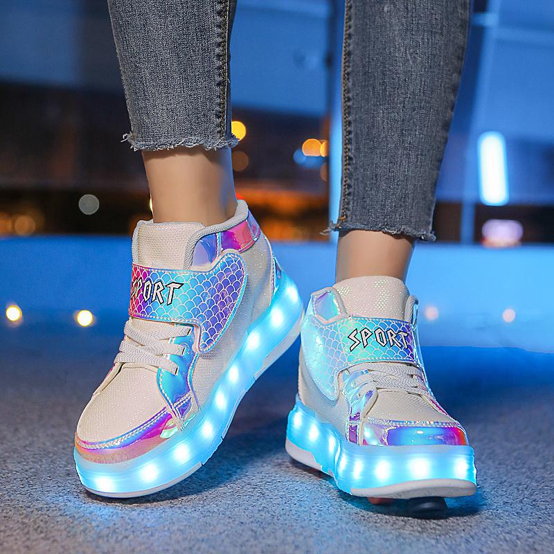 Kid's Four-wheel Detachable Flat Shoes Rechargeable LED Luminous Sports Shoes with Wings Children's Skates with Brakes Roller Skates sneakers