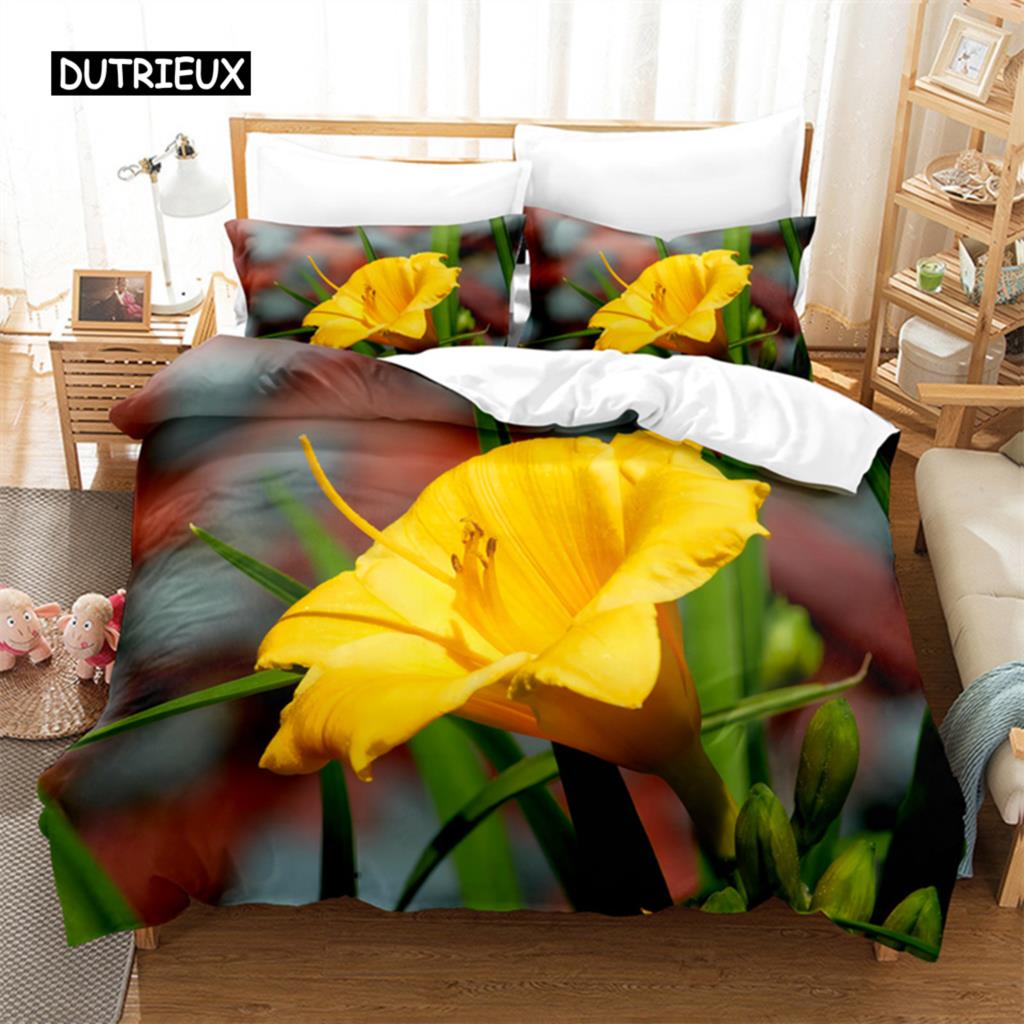 Yellow Flowers  Queen Size Bed Ensemble Comforter Cover Sets Bedding Digital Printing Bed Linen King Size Size Comforter Cover Kit Bed Ensemble