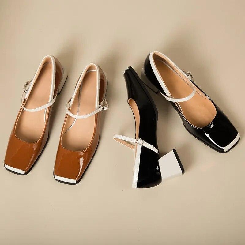Sapatos únicos de dedo quadrado para mulheres saltos grossos rasos mary jane sapatos de couro envernizado francês elegante sapatos de couro de salto alto