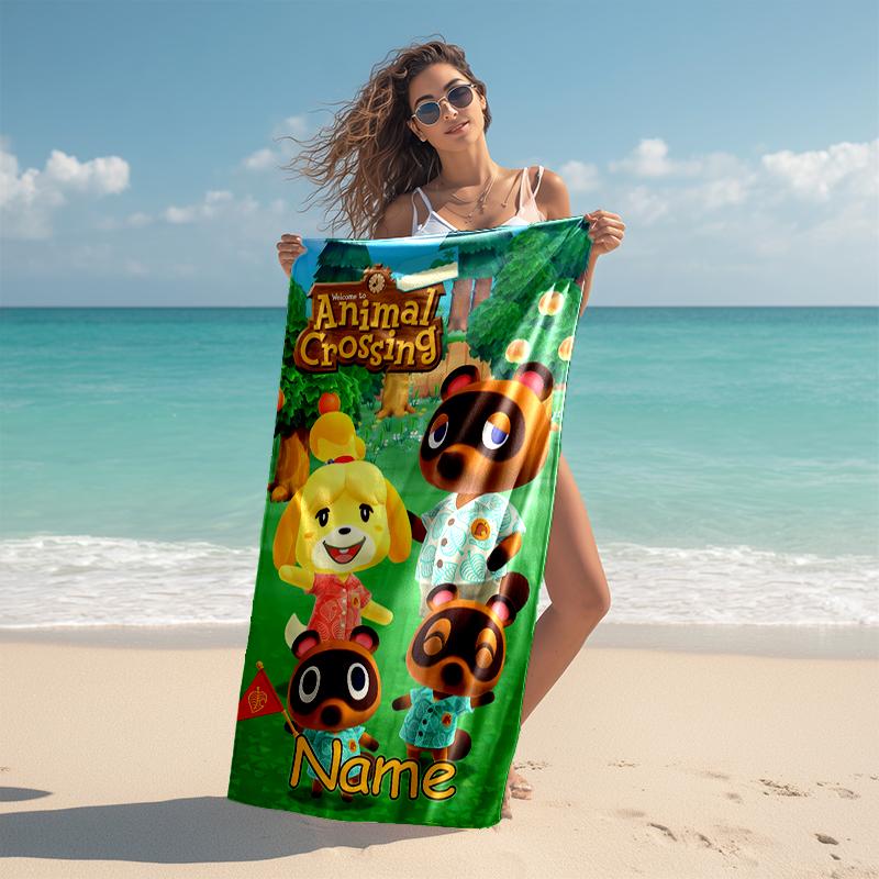 Personalized customized proof beach towel with Animal Crossing pattern - soft, absorbent, quick-drying, perfect swimming, camping&bathing