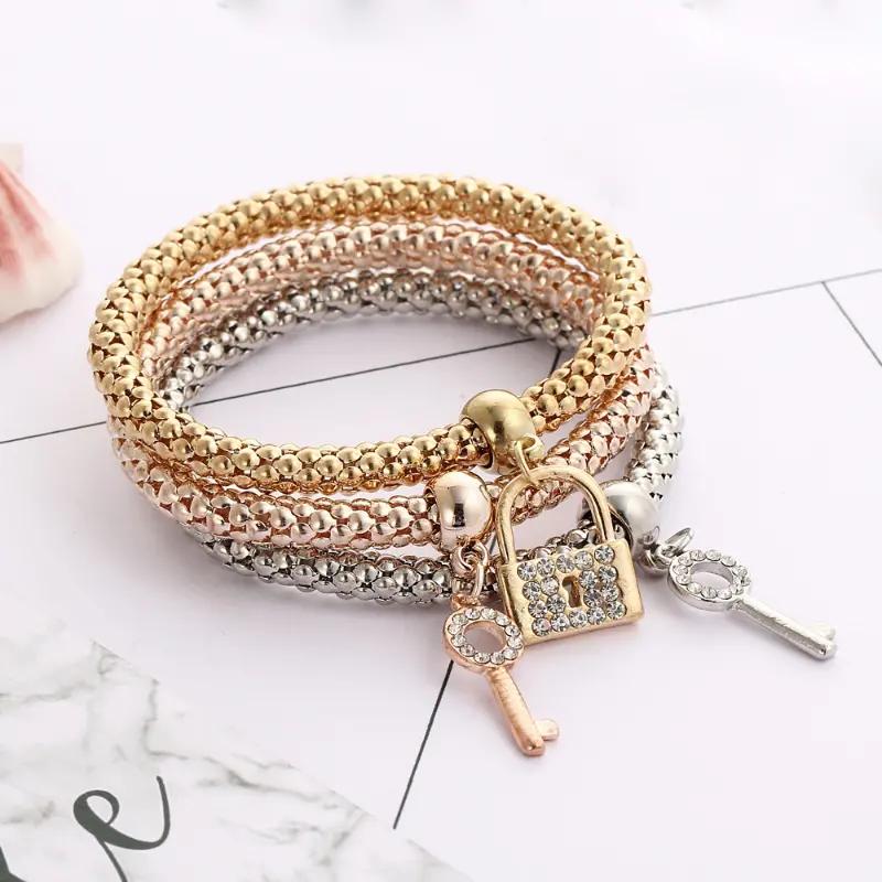 3pcs Alloy 3 Color Set Stretchy Popcorn Bracelet, Crystal 3 Pcs Key Lock Bracelet Jewelry