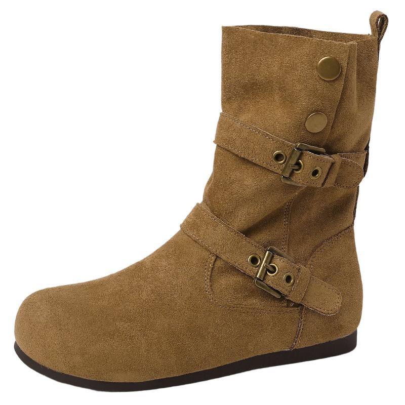 Retro two-wear medium boots Western cowboy fashion boots Women's autumn and winter simple and comfortable casual flat Martin boots