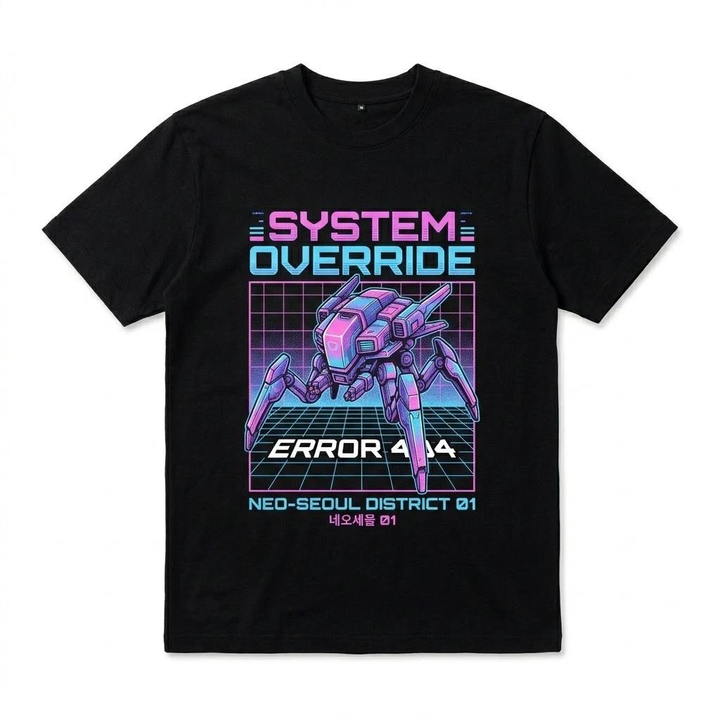 Cyberpunk System Override T-Shirt - Retro 80s Synthwave Neo-Seoul Robot Tee XL