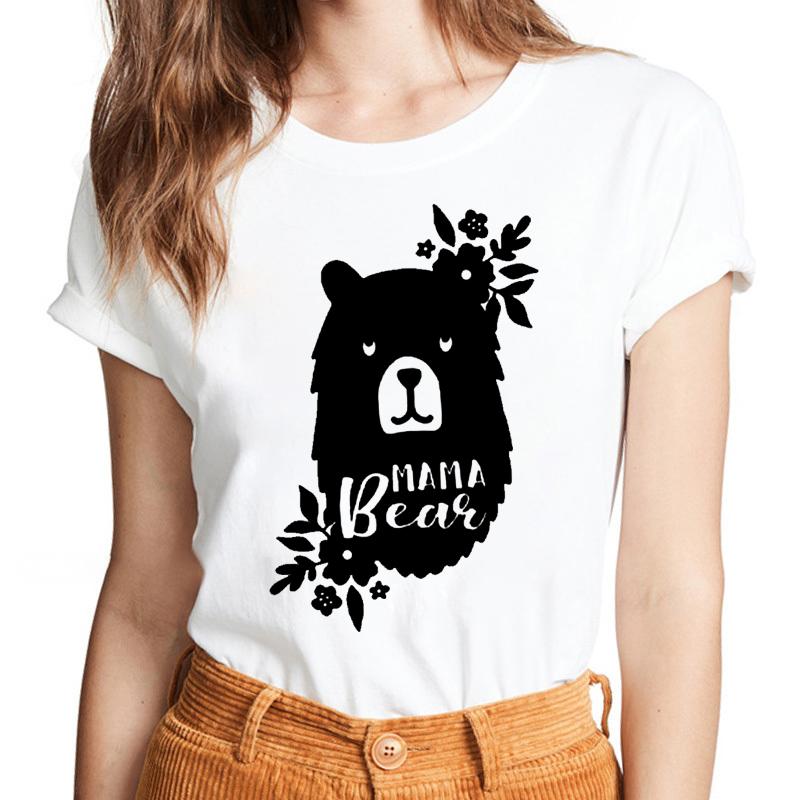 Lattice Mama Bear Letter Print T Shirt Women White Shirts Fashion O-Neck Short Sleeve T-Shirt Summer Tee Casual Top Female Tee