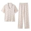 Summer New Women's Skin-friendly and Comfortable Tencel Cotton Small Floral Lace Edge Lapel Short-sleeved Trousers Loungewear Set