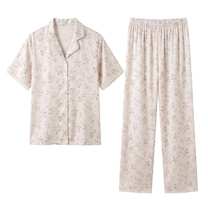 Summer New Women's Skin-friendly and Comfortable Tencel Cotton Small Floral Lace Edge Lapel Short-sleeved Trousers Loungewear Set
