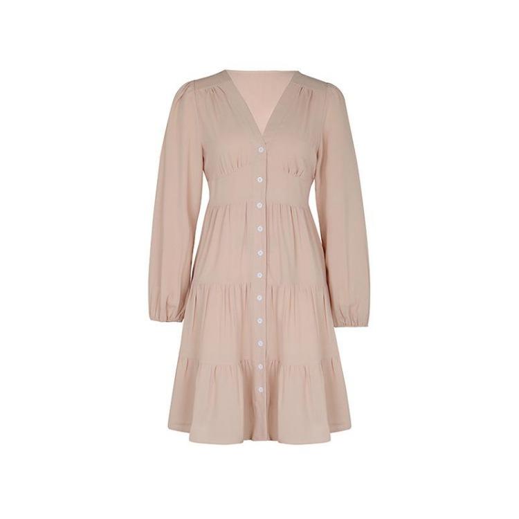 Summer Women Long Sleeve V Neck High Waist A Line Pleated Solid Long Dress