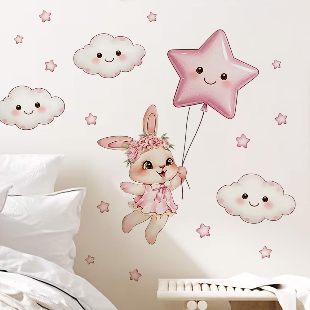 Selbstklebende Rosa Wolken Niedlicher Hase Abnehmbare Wandaufkleber für Kleiderschrank Kinderzimmer Heimdekoration
