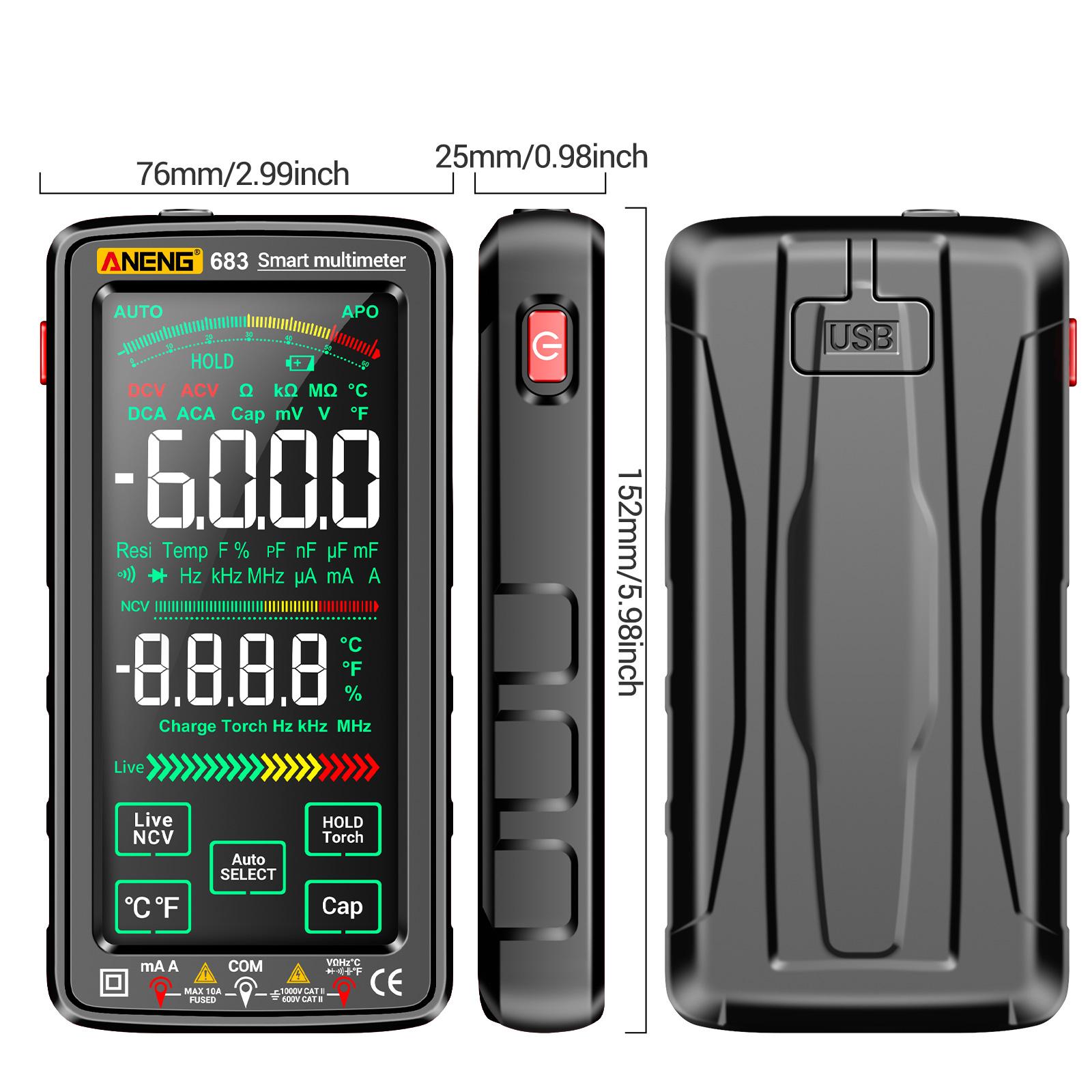 

683 6000 Counts Large Digital Multimeter Smart Anti-burn Rechargeable Meter Reverse Display NCV Tester with Flashlight