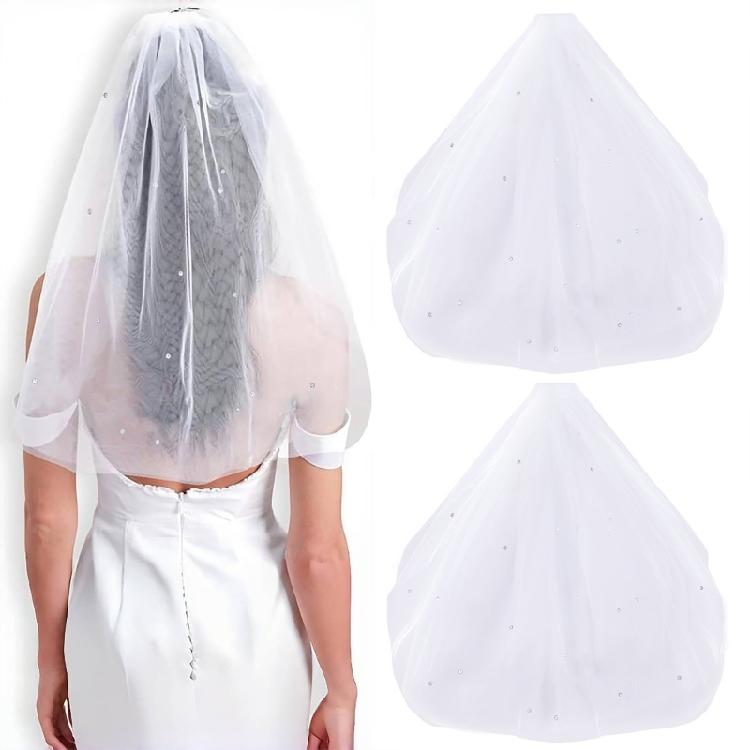 Delicate Rhinestones Wedding Veil Double Layer Crystal Design Soft Mesh Fabric Comfortable Bride Headpiece