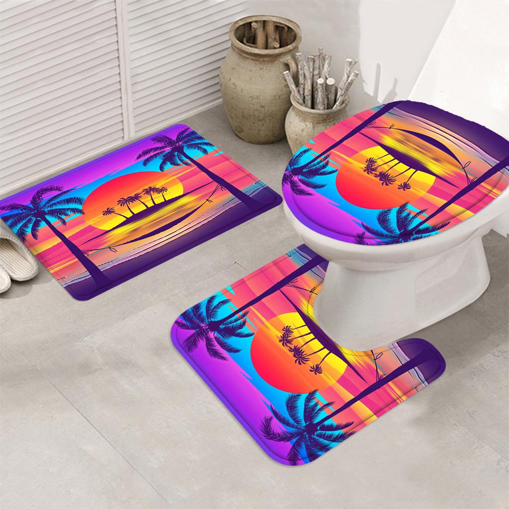 Rideau de douche décoratif cocotier Ensemble de salle de bain - Lavable en machine, Avec 12 crochets, Comprenant housse de siège de toilette et baignoire