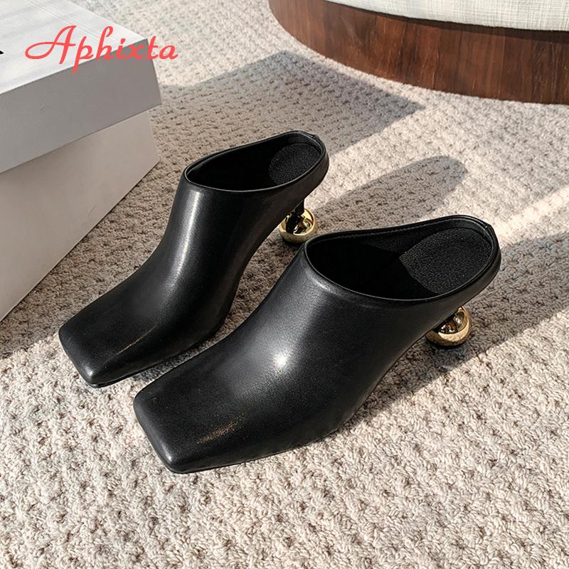 Fashion Aphixta 6.5cm High Heels Elegant Women Slides Square Toe Shallow Summer Dress Slides Sexy Metal Strange Style Heels Shoes Size42