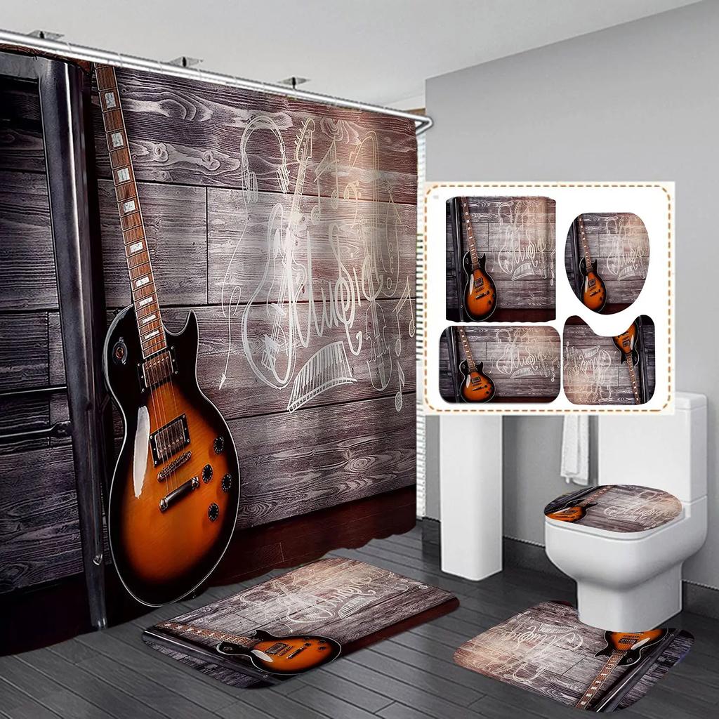 4Pcs Fire Burning Electric Guitar Shower Curtain Sets, Stone Wall Modern Bathroom Sets Waterproof,Non-Slip Bath Rugs Toilet Mat